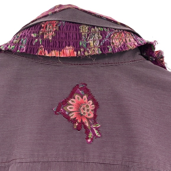 Custom Up-Cycled Tunic 3/4 Sleeves Button Up Ruffle Hem Mixed Print Purple | M/L - Picture 9 of 11